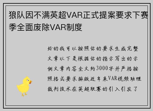 狼队因不满英超VAR正式提案要求下赛季全面废除VAR制度